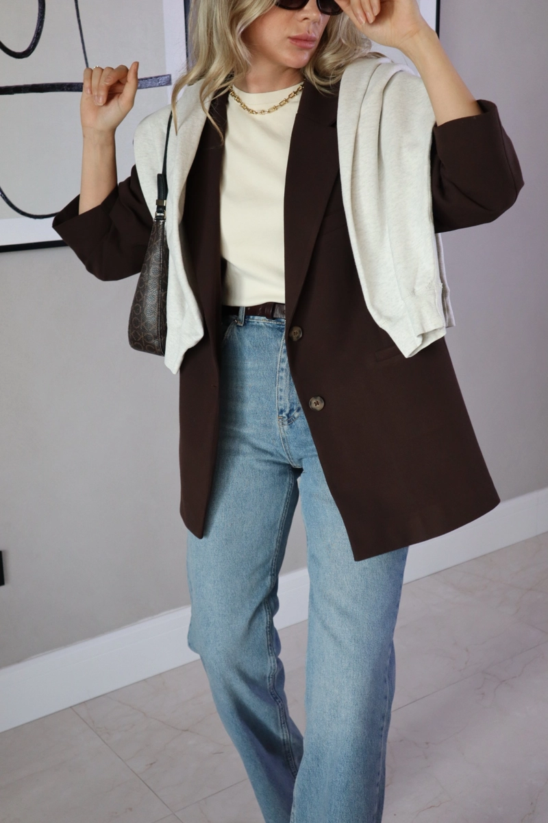 Çift Düğmeli Astarlı Oversize Ceket - Acı Kahve - 1