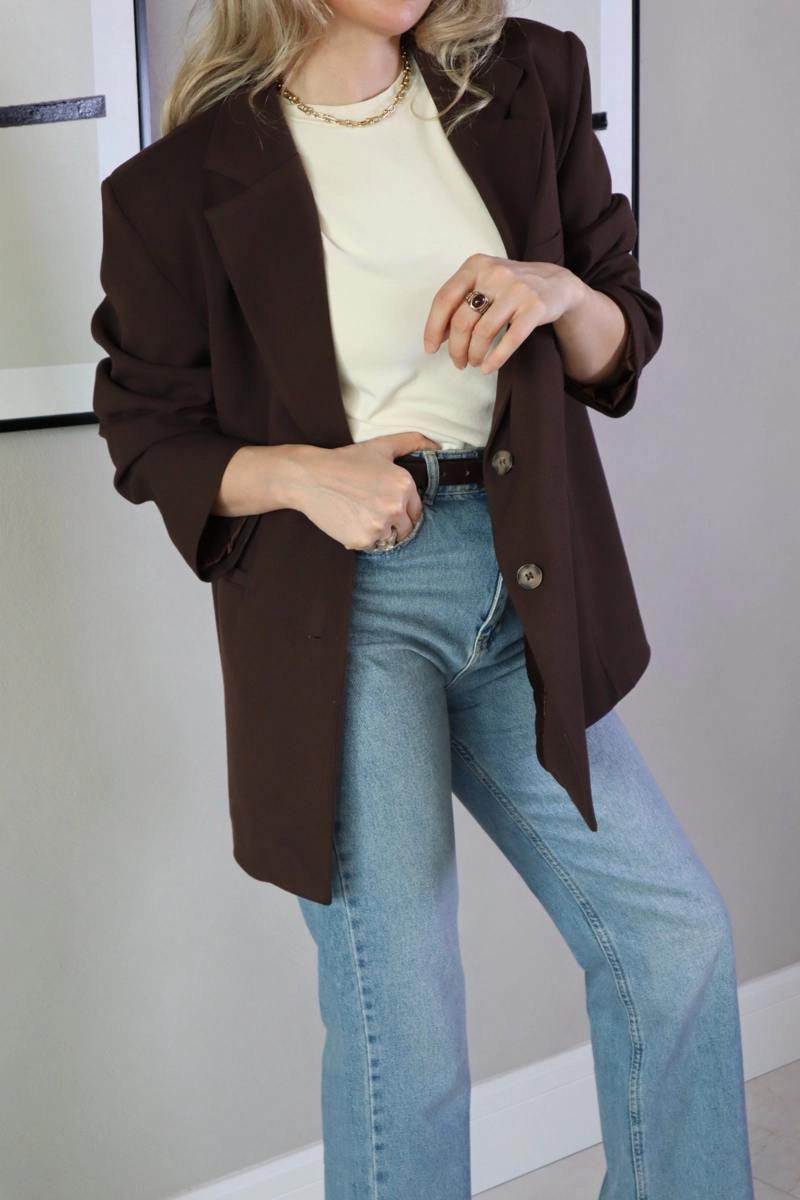 Çift Düğmeli Astarlı Oversize Ceket - Acı Kahve - 2