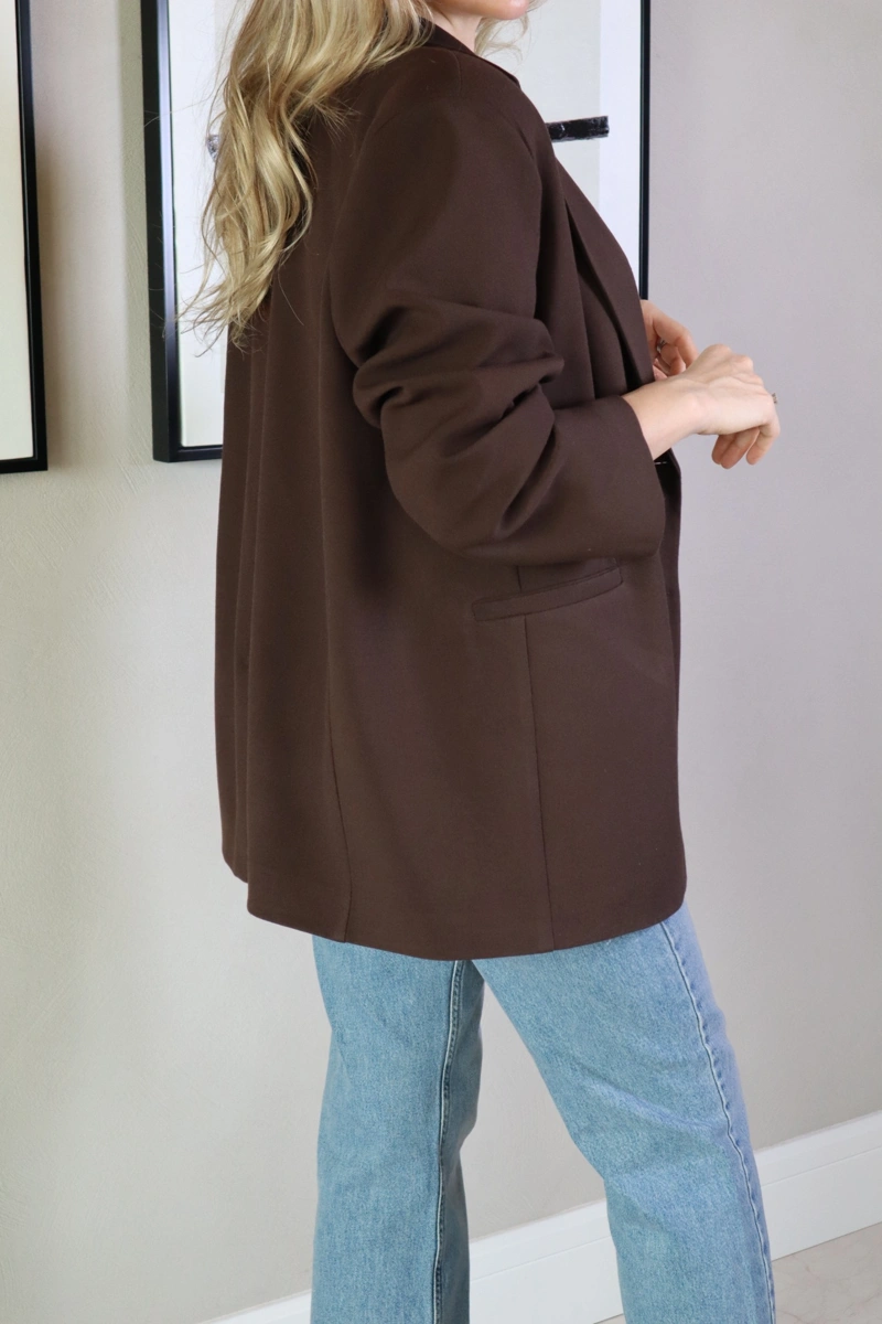 Çift Düğmeli Astarlı Oversize Ceket - Acı Kahve - 3