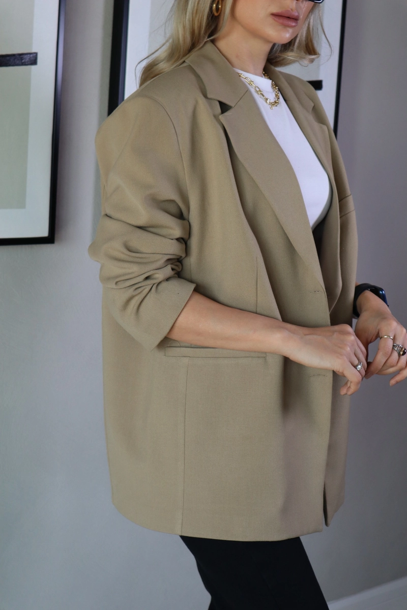 Çift Düğmeli Astarlı Oversize Ceket - Bej - 4