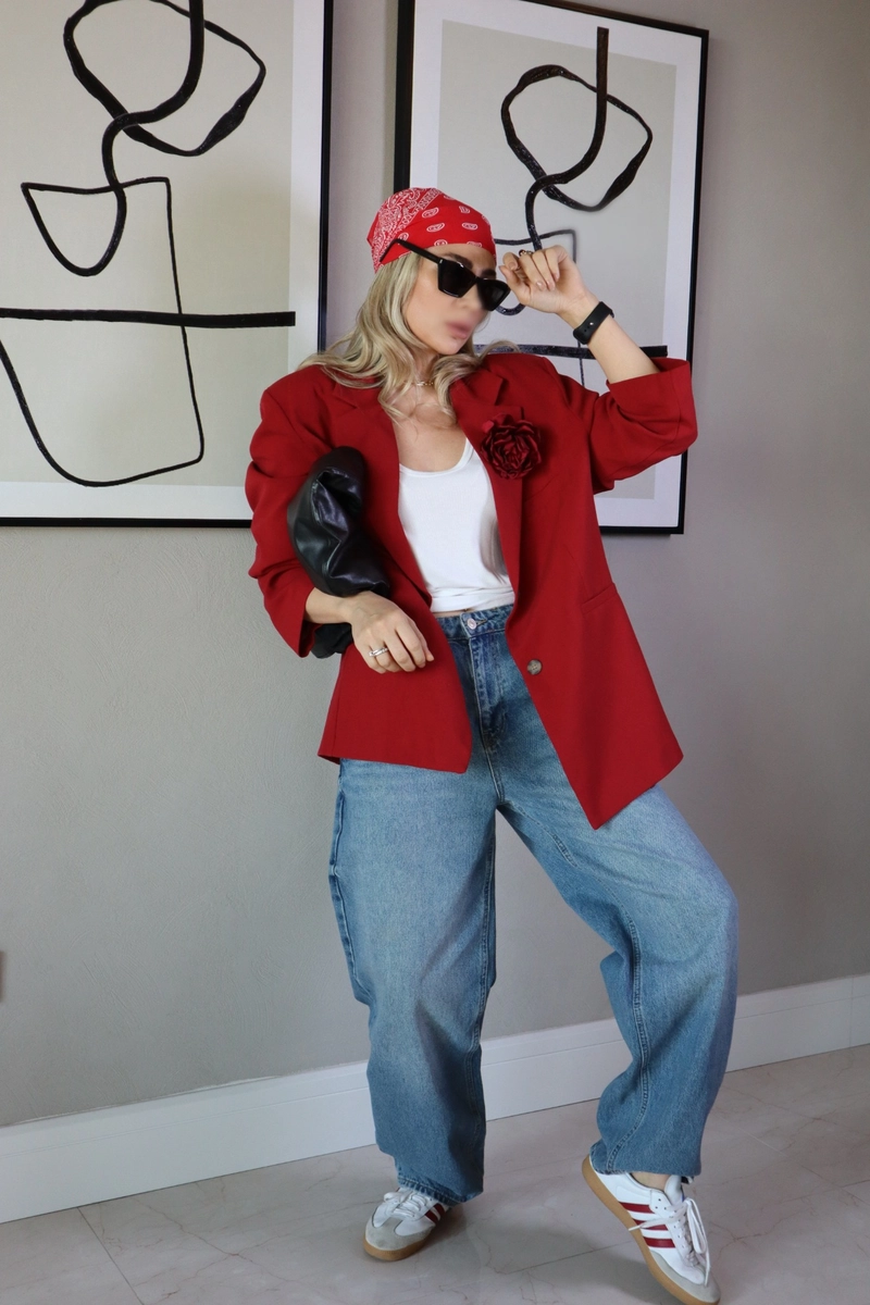 Çift Düğmeli Astarlı Oversize Ceket - Kırmızı - 1