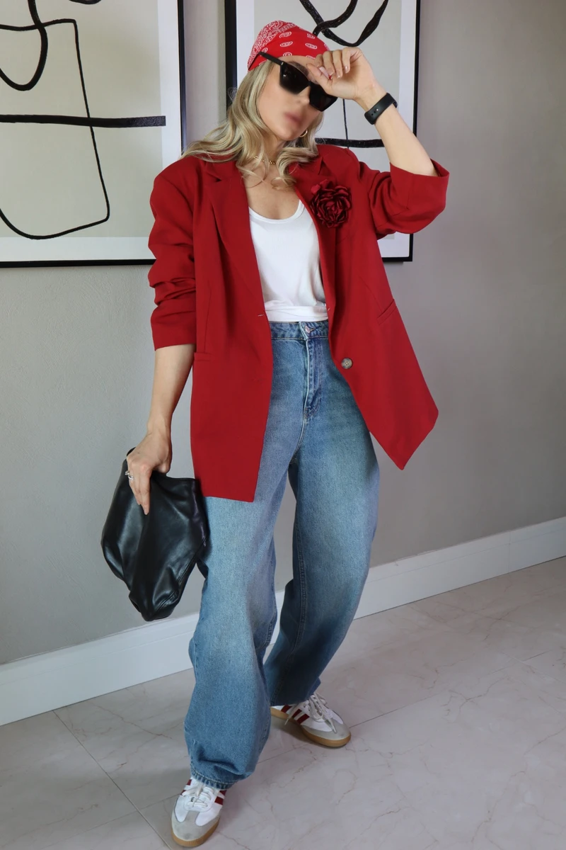 Çift Düğmeli Astarlı Oversize Ceket - Kırmızı - 2