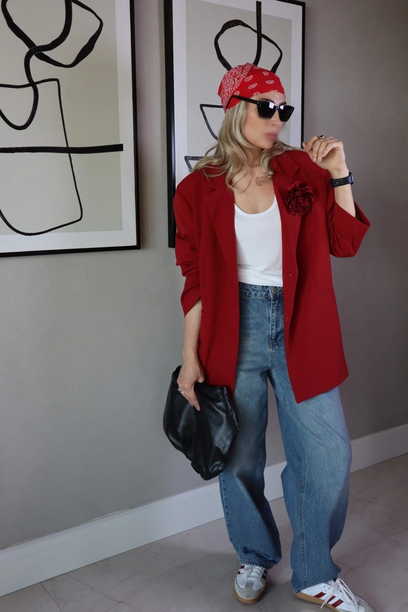 Çift Düğmeli Astarlı Oversize Ceket - Kırmızı - 3