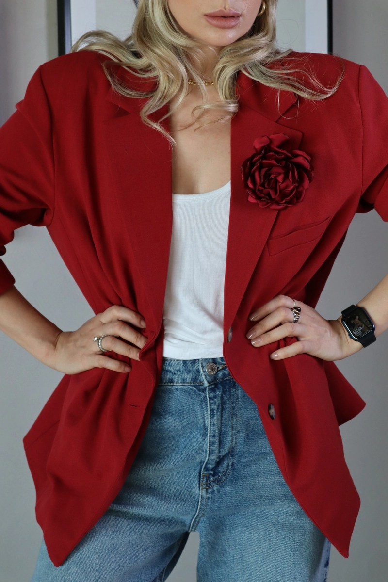 Çift Düğmeli Astarlı Oversize Ceket - Kırmızı - 4