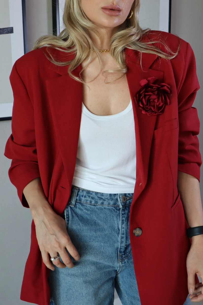 Çift Düğmeli Astarlı Oversize Ceket - Kırmızı - 5
