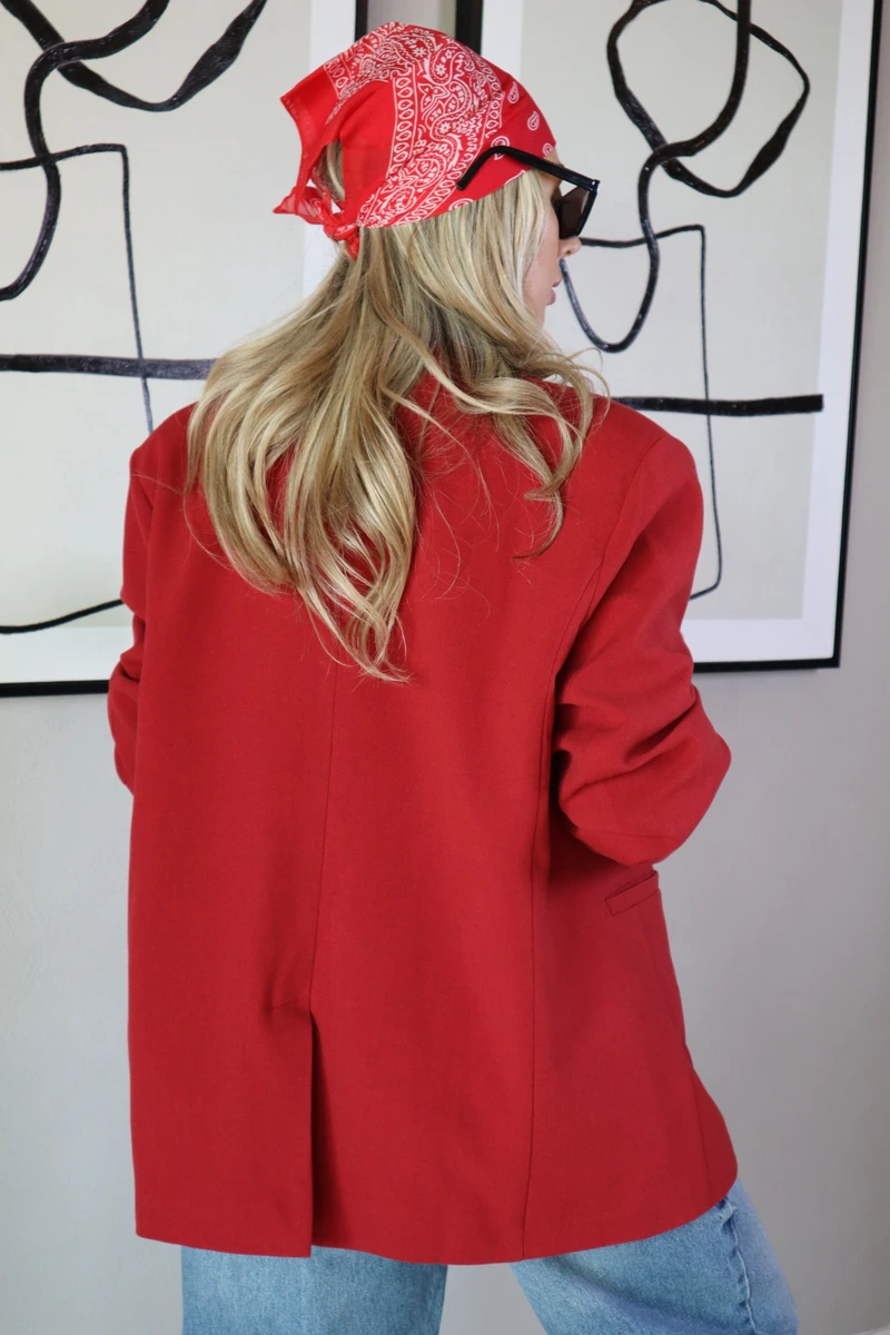 Çift Düğmeli Astarlı Oversize Ceket - Kırmızı - 6