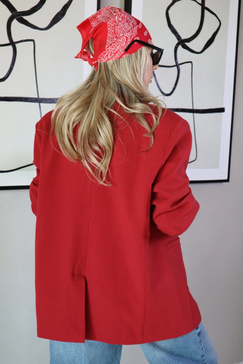 Çift Düğmeli Astarlı Oversize Ceket - Kırmızı - 6