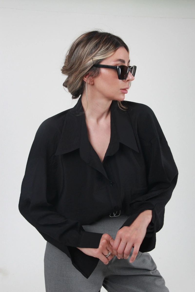 Geniş Yakalı Geniş Manşetli Modal Kumaş Oversize Gömlek - Siyah - 3