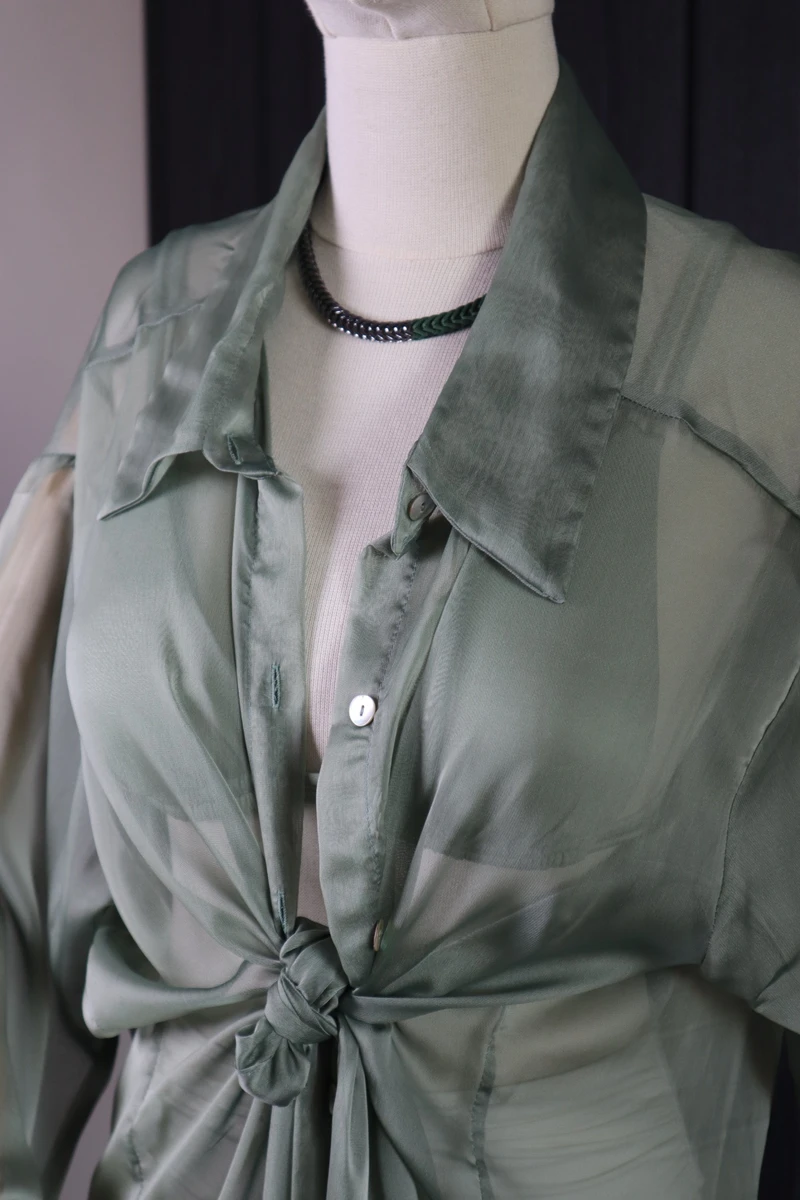 Geniş Yakalı Geniş Manşetli Önden Düğmeli Oversize Gömlek Elbise - Yeşil - 4