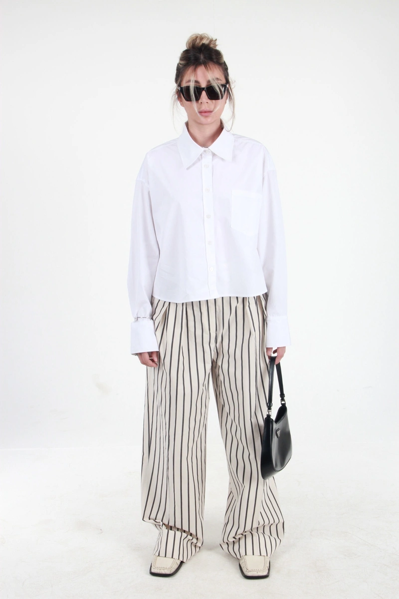 Geniş Yakalı Geniş Manşetli Poplin Oversize Gömlek - Beyaz - 1