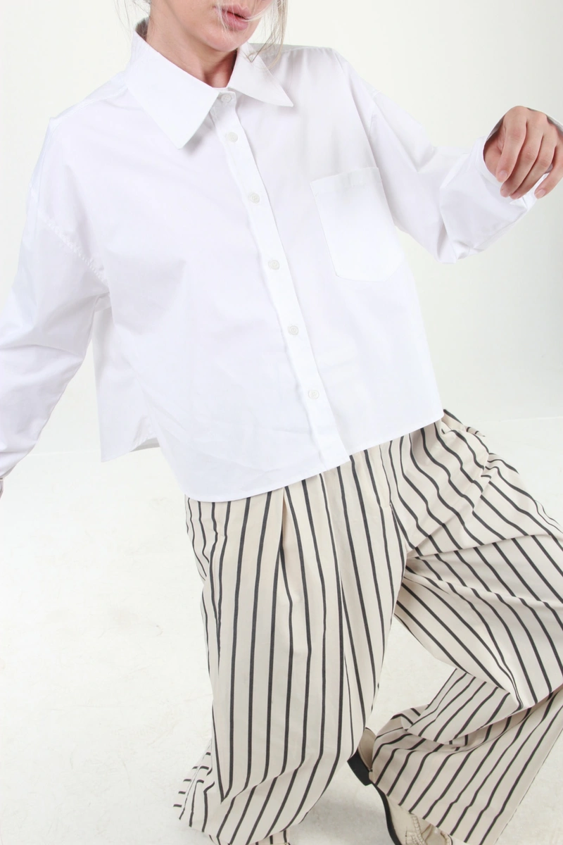 Geniş Yakalı Geniş Manşetli Poplin Oversize Gömlek - Beyaz - 2