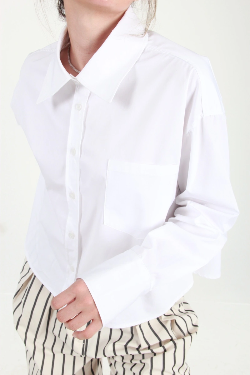 Geniş Yakalı Geniş Manşetli Poplin Oversize Gömlek - Beyaz - 3
