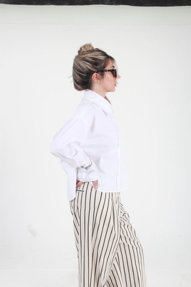 Geniş Yakalı Geniş Manşetli Poplin Oversize Gömlek - Beyaz - 4