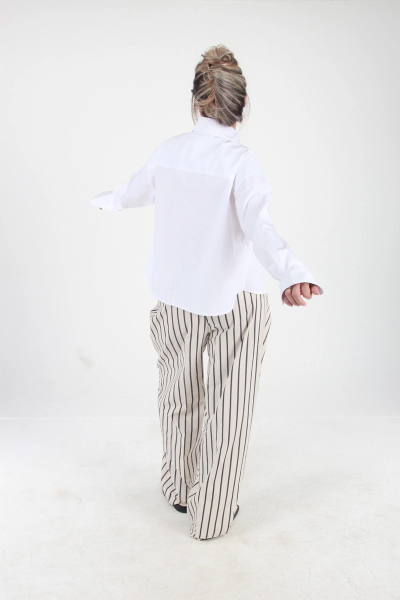 Geniş Yakalı Geniş Manşetli Poplin Oversize Gömlek - Beyaz - 5