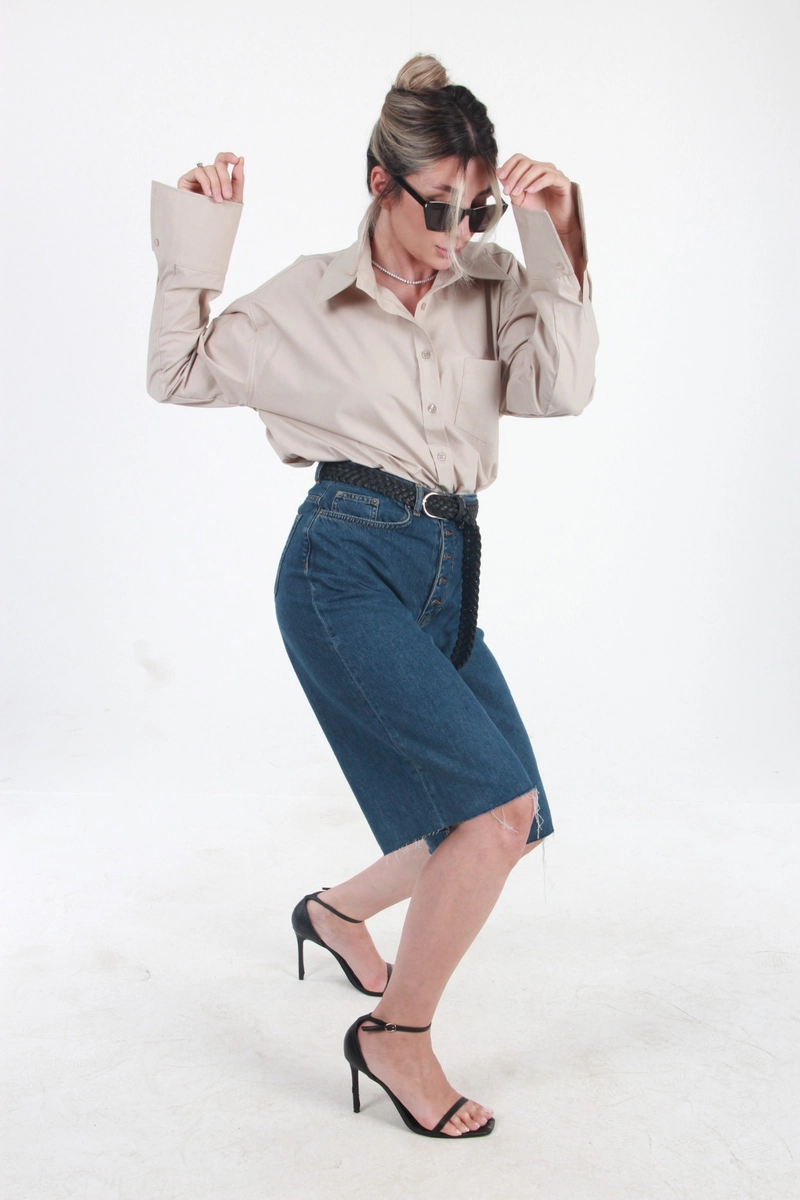 Geniş Yakalı Geniş Manşetli Poplin Oversize Gömlek - Vizon - 1