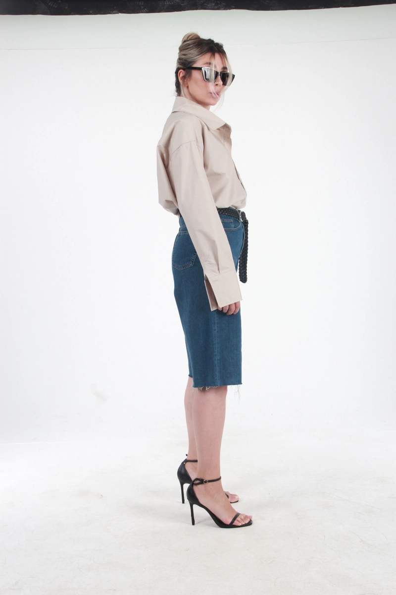 Geniş Yakalı Geniş Manşetli Poplin Oversize Gömlek - Vizon - 2