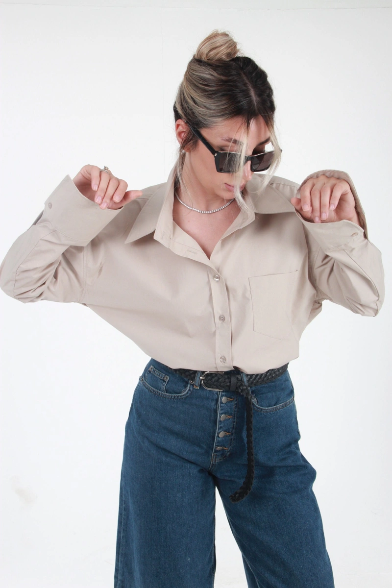 Geniş Yakalı Geniş Manşetli Poplin Oversize Gömlek - Vizon - 3