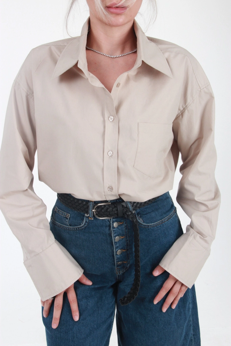Geniş Yakalı Geniş Manşetli Poplin Oversize Gömlek - Vizon - 4