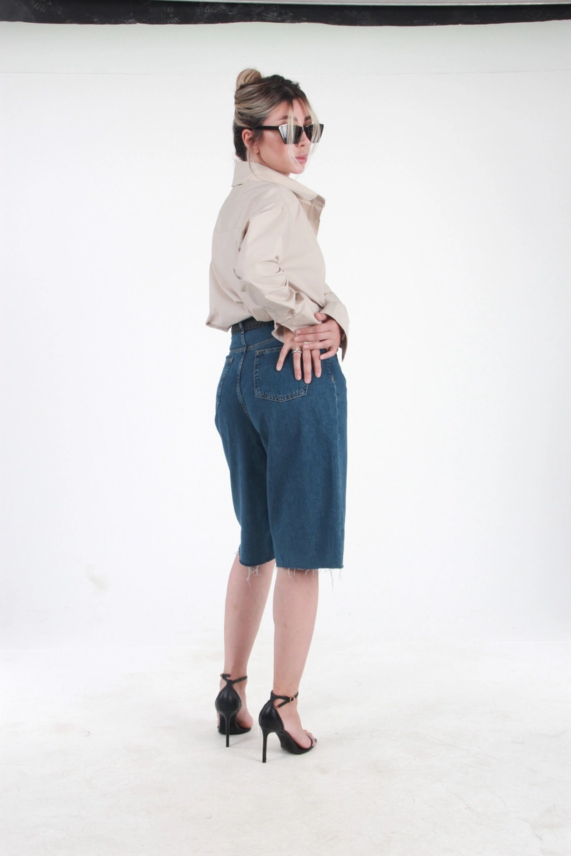 Geniş Yakalı Geniş Manşetli Poplin Oversize Gömlek - Vizon - 5
