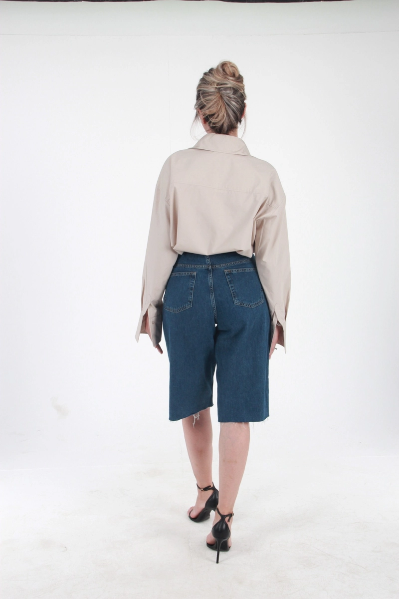 Geniş Yakalı Geniş Manşetli Poplin Oversize Gömlek - Vizon - 6
