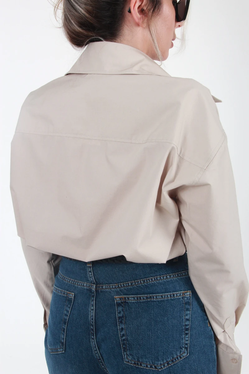 Geniş Yakalı Geniş Manşetli Poplin Oversize Gömlek - Vizon - 7