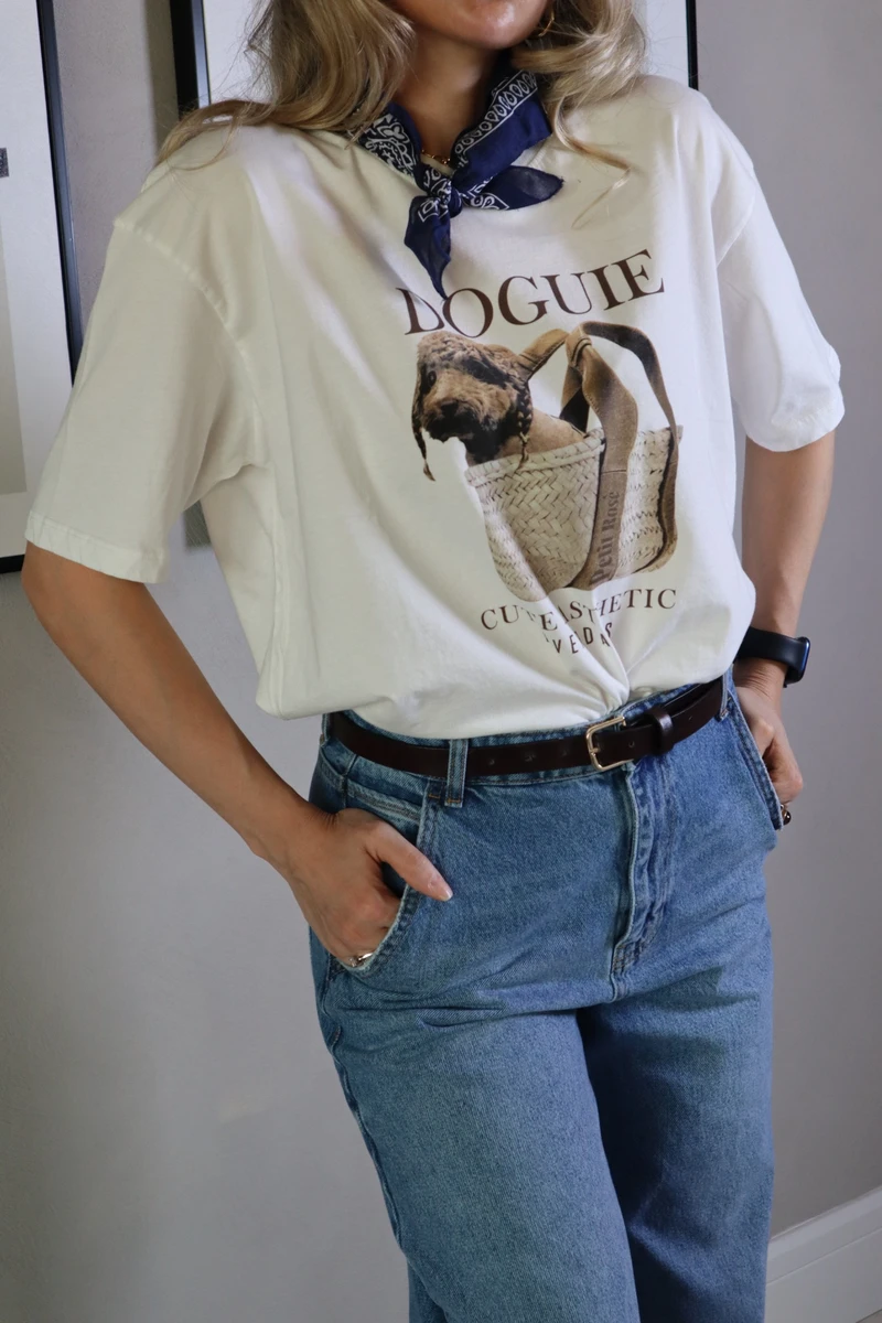 Köpek Baskılı Oversize %100 Pamuk T-Shirt - Krem - 2
