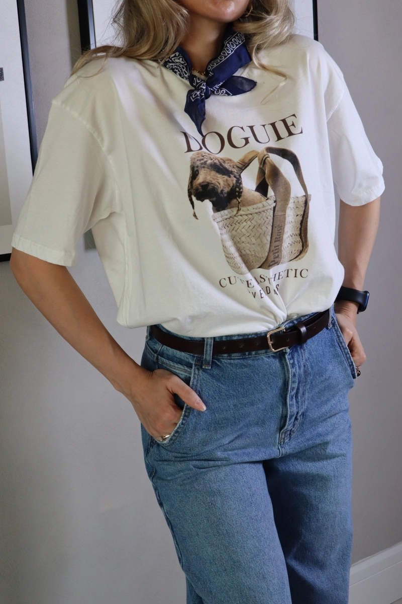Köpek Baskılı Oversize %100 Pamuk T-Shirt - Krem - 2