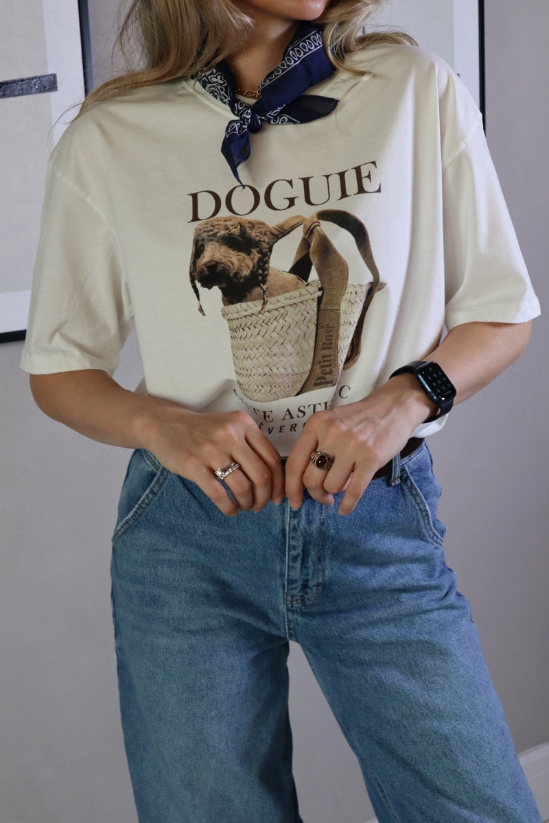 Köpek Baskılı Oversize %100 Pamuk T-Shirt - Krem - 3
