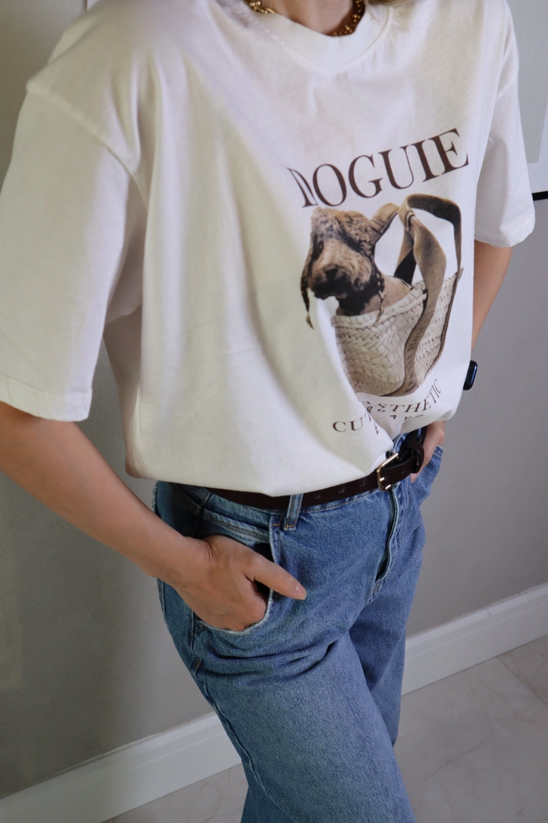 Köpek Baskılı Oversize %100 Pamuk T-Shirt - Krem - 4