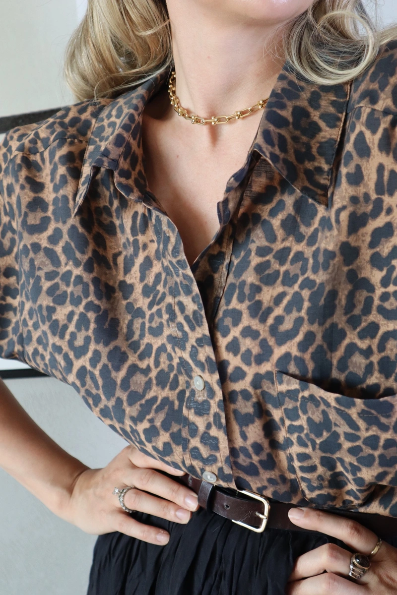 Leopar Kumaş Düşük Omuzlu Oversize Gömlek - Leopar - 1