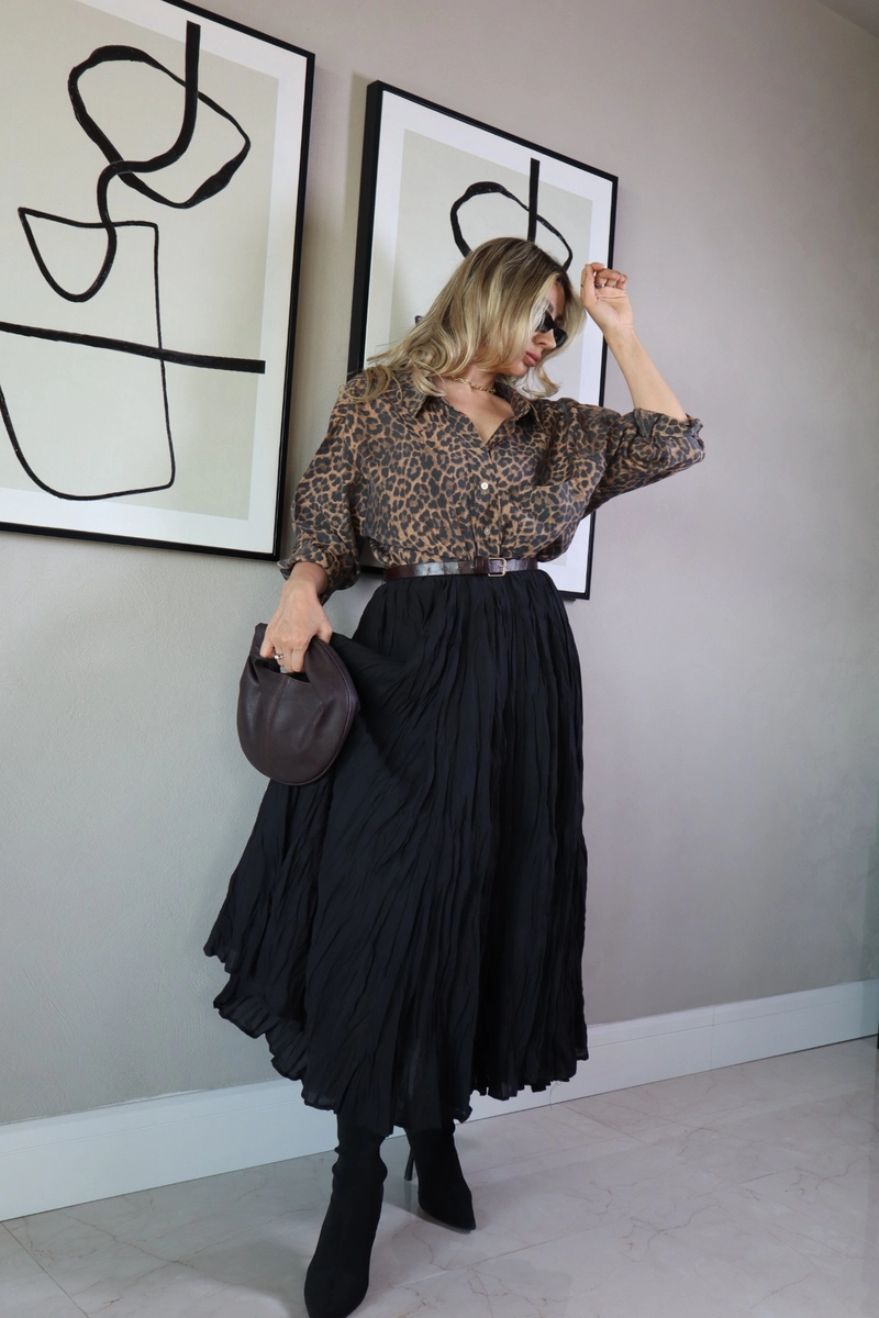 Leopar Kumaş Düşük Omuzlu Oversize Gömlek - Leopar - 2
