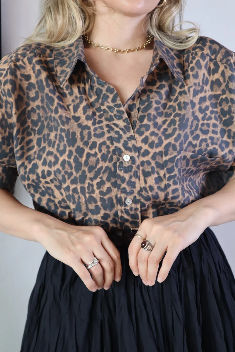 Leopar Kumaş Düşük Omuzlu Oversize Gömlek - Leopar - 3
