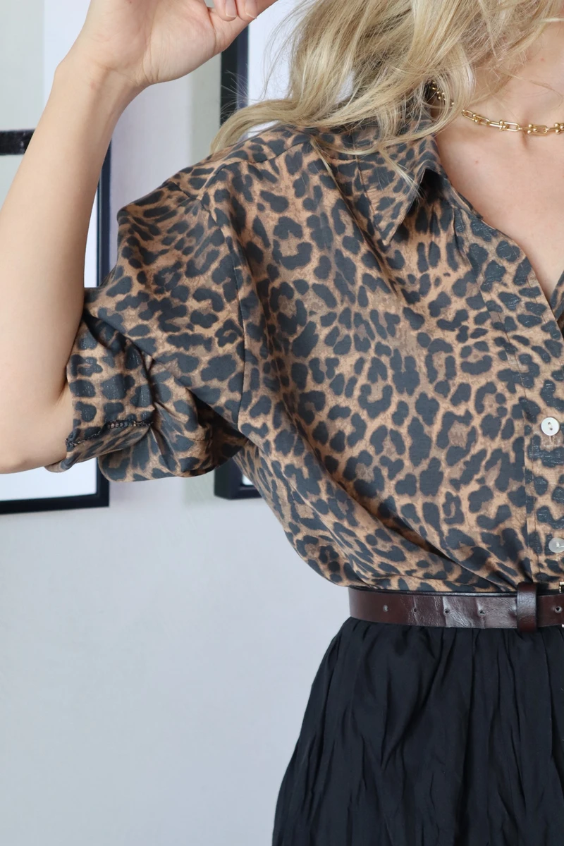 Leopar Kumaş Düşük Omuzlu Oversize Gömlek - Leopar - 4