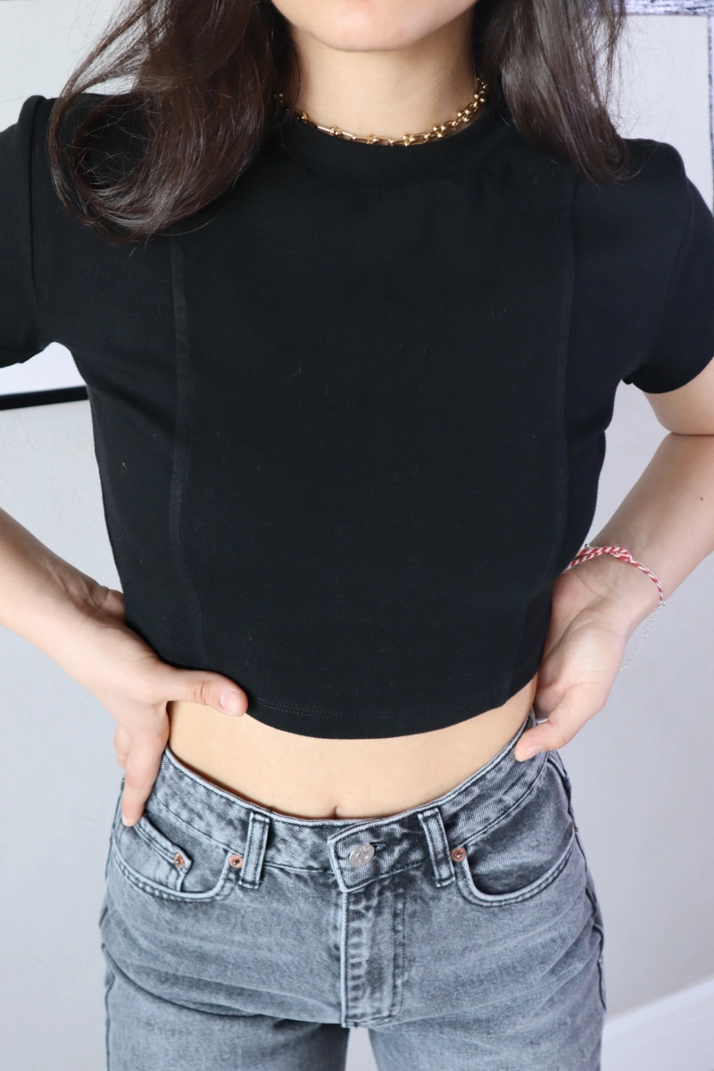 Tam Kalıp Kısa Pamuklu Likralı Marka Model T-Shirt - Siyah - 2