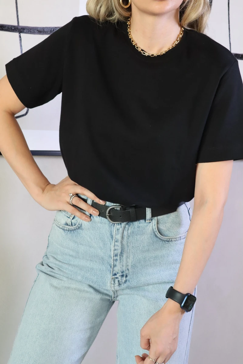 Tam Kalıp Orta Boy %100 Pamuk T-Shirt - Siyah - 4