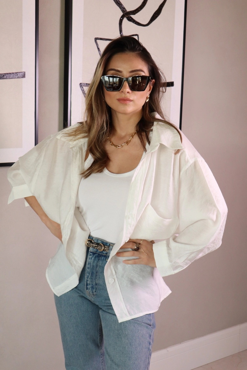Kumaş Düşük Omuzlu Oversize Gömlek - Ekru - 2