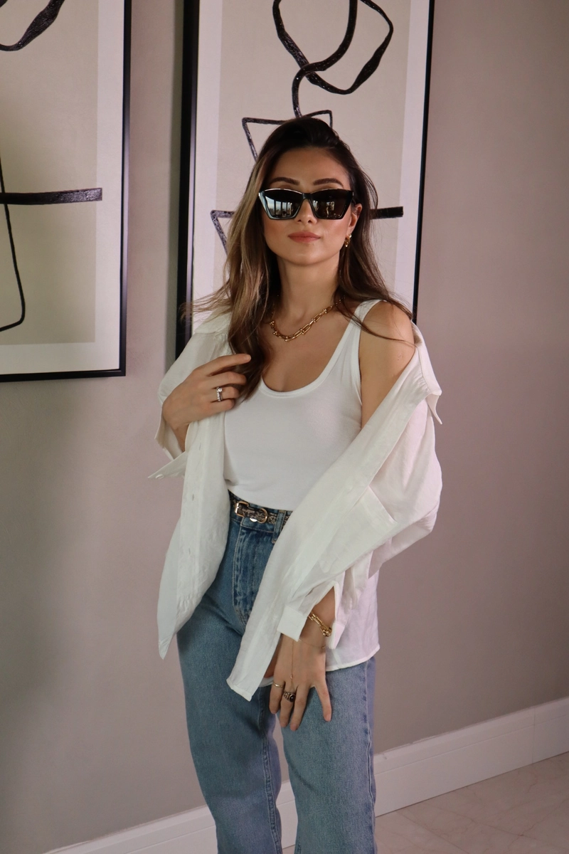 Kumaş Düşük Omuzlu Oversize Gömlek - Ekru - 3