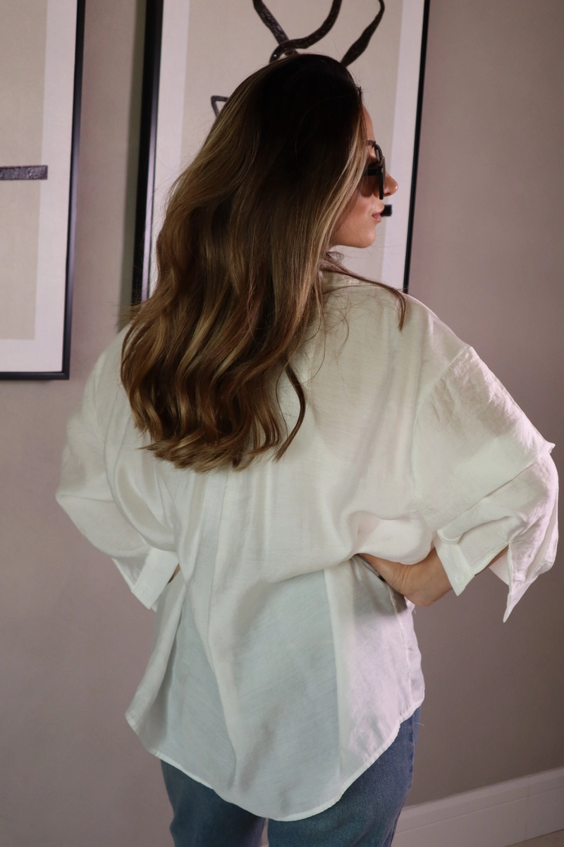 Kumaş Düşük Omuzlu Oversize Gömlek - Ekru - 5