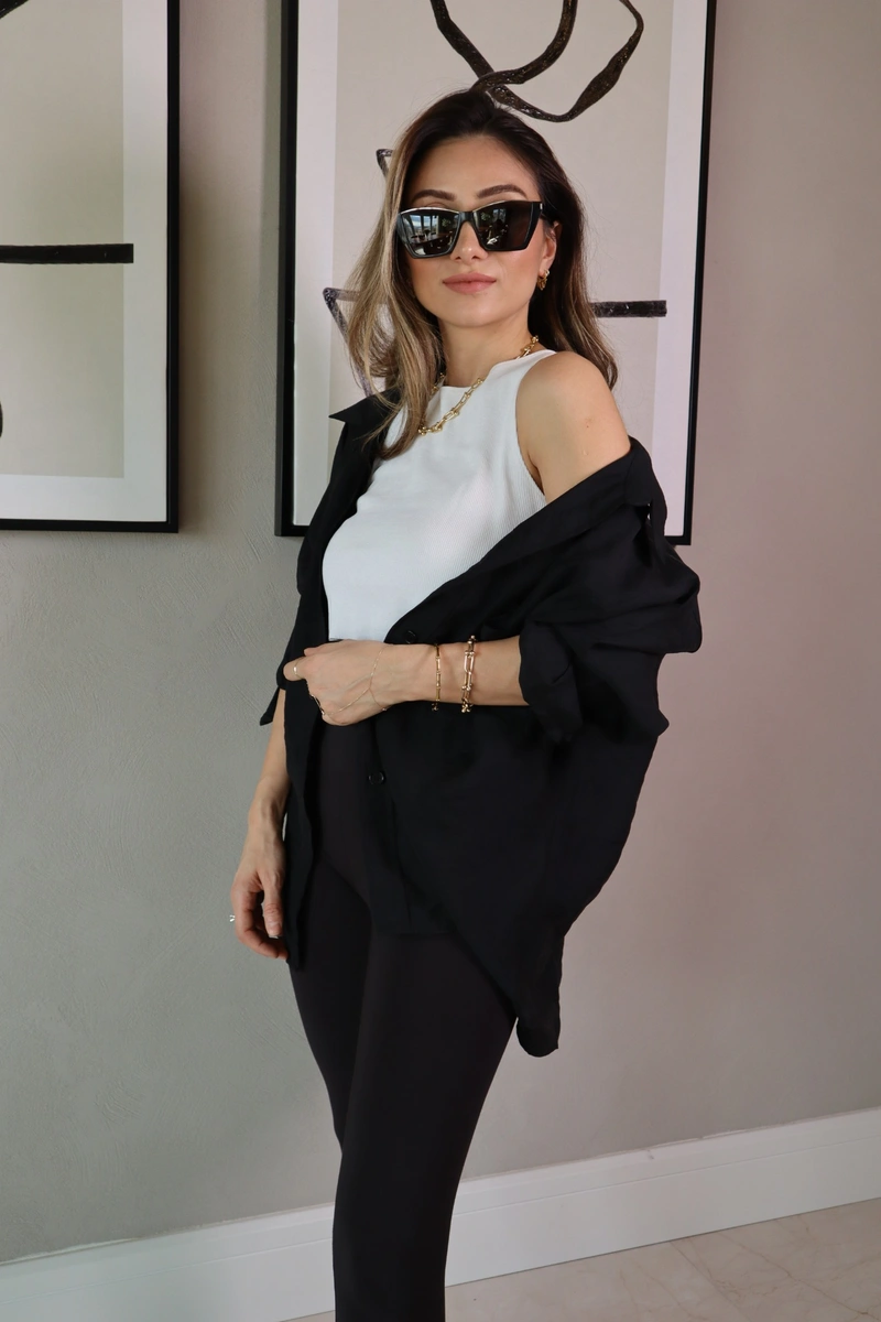 Kumaş Düşük Omuzlu Oversize Gömlek - Siyah - 3