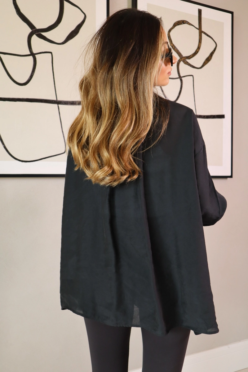 Kumaş Düşük Omuzlu Oversize Gömlek - Siyah - 4