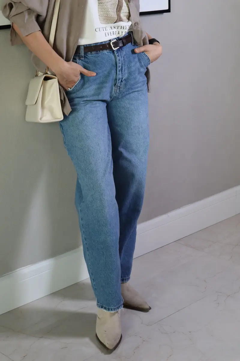 Yüksek Bel Uzun Mom - Mavi - 3